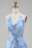 A-Line Yellow Floral Halter Backless Short Formal Dress