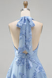 A-Line Yellow Floral Halter Backless Short Formal Dress