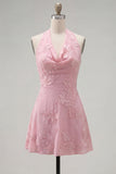 A-Line Yellow Halter Backless Short Homecoming Dress with Floral Embroidery