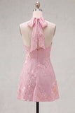 A-Line Yellow Halter Backless Short Homecoming Dress with Floral Embroidery