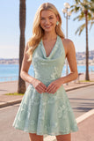 A-Line Yellow Floral Halter Backless Short Formal Dress