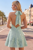 A-Line Yellow Floral Halter Backless Short Formal Dress