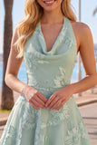 A-Line Yellow Floral Halter Backless Short Formal Dress