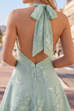 A-Line Yellow Floral Halter Backless Short Formal Dress
