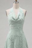 A-Line Yellow Halter Backless Short Homecoming Dress with Floral Embroidery
