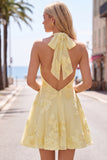 A-Line Yellow Floral Halter Backless Short Formal Dress
