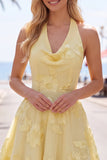 A-Line Yellow Floral Halter Backless Short Formal Dress