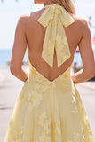 A-Line Yellow Floral Halter Backless Short Formal Dress