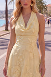 A-Line Yellow Halter Backless Short Homecoming Dress with Floral Embroidery