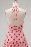 A-Line Pink Halter Neck Printed Ruffled Short Homecoming Dress