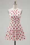 A-Line Pink Halter Neck Printed Ruffled Short Homecoming Dress