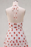A-Line Pink Halter Neck Printed Ruffled Short Homecoming Dress