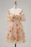 Champagne Cold Shoulder A-Line Tiered Ruffled Homecoming Dress with 3D Flowers
