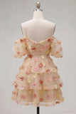 Champagne Cold Shoulder A-Line Tiered Ruffled Homecoming Dress with 3D Flowers