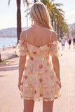 Champagne Cold Shoulder A-Line Tiered Ruffled Homecoming Dress with 3D Flowers