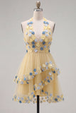 Apricot Halter Neck A-Line Tiered Ruffled Short Homecoming Dress with 3D Flowers