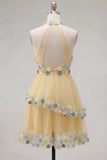 Apricot Halter Neck A-Line Tiered Ruffled Short Homecoming Dress with 3D Flowers