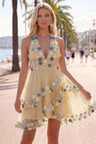 Apricot Halter Neck A-Line Tiered Ruffled Short Homecoming Dress with 3D Flowers