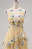 Apricot Halter Neck A-Line Tiered Ruffled Short Homecoming Dress with 3D Flowers