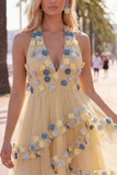 Apricot Halter Neck A-Line Tiered Ruffled Short Homecoming Dress with 3D Flowers