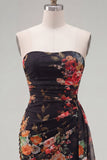 Black Red Flower Sweetheart Ruched Floral Tight Short Homecoming Dress with Sash