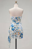 Black Red Flower Sweetheart Ruched Floral Tight Short Homecoming Dress with Sash