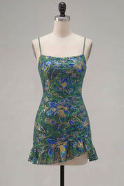 Dark Green Bodycon Floral Ruffled Short Homecoming Dress with Lace Up Back