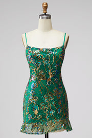 Dark Green Bodycon Floral Ruffled Short Homecoming Dress with Lace Up Back