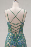 Dark Green Bodycon Floral Ruffled Short Homecoming Dress with Lace Up Back