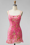 Dark Green Bodycon Floral Ruffled Short Homecoming Dress with Lace Up Back