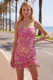 Dark Green Bodycon Floral Ruffled Short Homecoming Dress with Lace Up Back