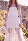 White Square Neck Long Sleeves Maxi Elopement Wedding Dress with Lace