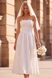 White A-Line Strapless Pleated Tea-Length Elopement Wedding Dress