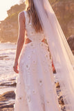 White A-Line Round Neck Cut Out Appliqued Maxi Elopement Wedding Dress