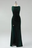 Dark Green Velvet Bateau Neck Ruched Mermaid Long Mother of the Bride Dress with Slit