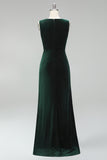 Dark Green Velvet Bateau Neck Ruched Mermaid Long Mother of the Bride Dress with Slit