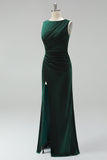 Dark Green Velvet Bateau Neck Ruched Mermaid Long Mother of the Bride Dress with Slit