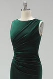 Dark Green Velvet Bateau Neck Ruched Mermaid Long Mother of the Bride Dress with Slit