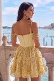 Yellow Corset Ruched Floral Spaghetti Straps A-Line Homecoming Dress with Beading