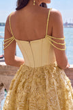 Yellow Corset Ruched Floral Spaghetti Straps A-Line Homecoming Dress with Beading