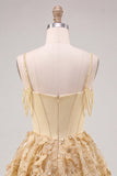 Yellow Corset Ruched Floral Spaghetti Straps A-Line Homecoming Dress with Beading