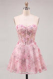 Pink Sheer Corset Floral A-Line Sweetheart Lace Up Back Homecoming Dress with Beading