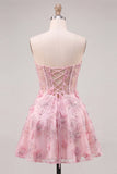 Pink Sheer Corset Floral A-Line Sweetheart Lace Up Back Homecoming Dress with Beading
