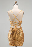 Dark Blue Sequins Bodycon Spaghetti Straps Homecoming Dress with Lace Up Back