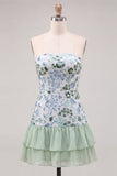 Light Green Strapless A-Line Tiered Sequins Ruffle Short Homecoming Dress