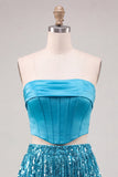 Blue Strapless Bodycon 2 Piece Sequins Corset Homecoming Dress with Fringes