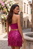 Blue Strapless Bodycon 2 Piece Sequins Corset Homecoming Dress with Fringes
