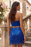 Blue Strapless Bodycon 2 Piece Sequins Corset Homecoming Dress with Fringes