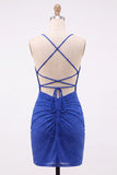 Royal Blue Bodycon Beaded Short Homecoming Dress with Lace Up Back