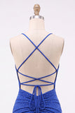 Royal Blue Bodycon Beaded Short Homecoming Dress with Lace Up Back